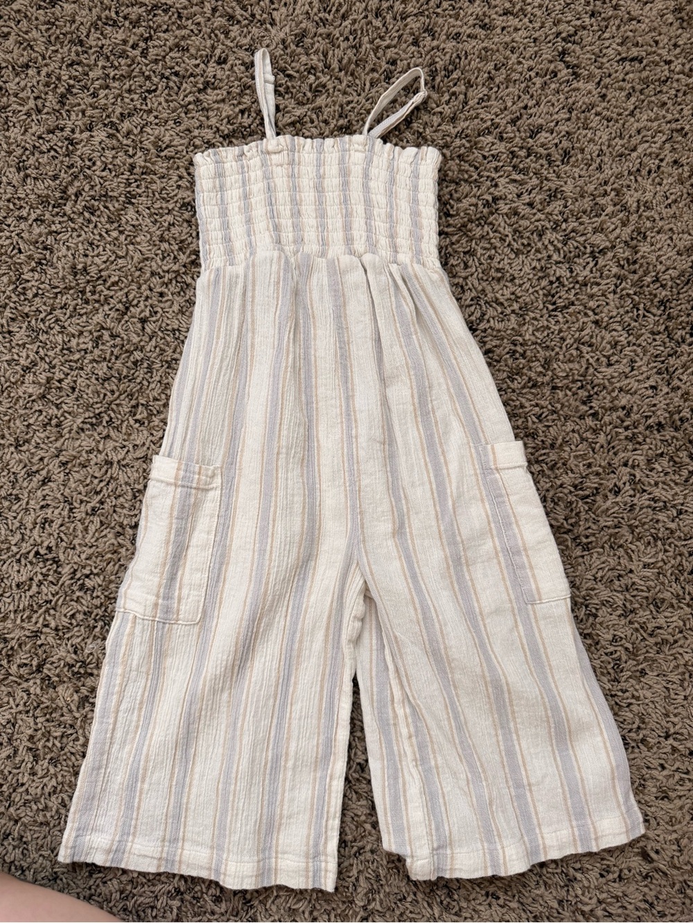 Girls' Cream Striped Smocked Bodice Wide-Leg Jumpsuit